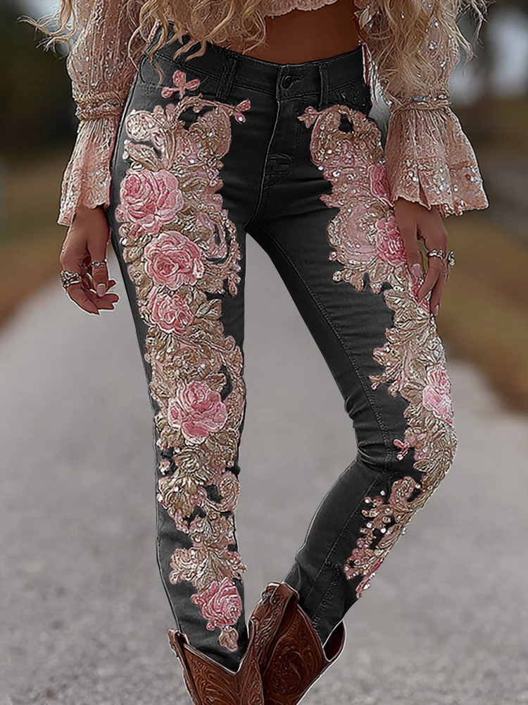 Retro Floral Print Jeans High Waist Slim Imitation Jeans Elegant Casual Trousers